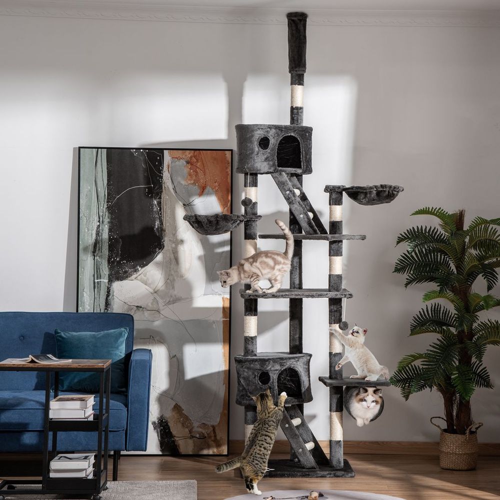 Dark Grey Cat Tree with Scratching Posts - Adjustable 240-260cm Height