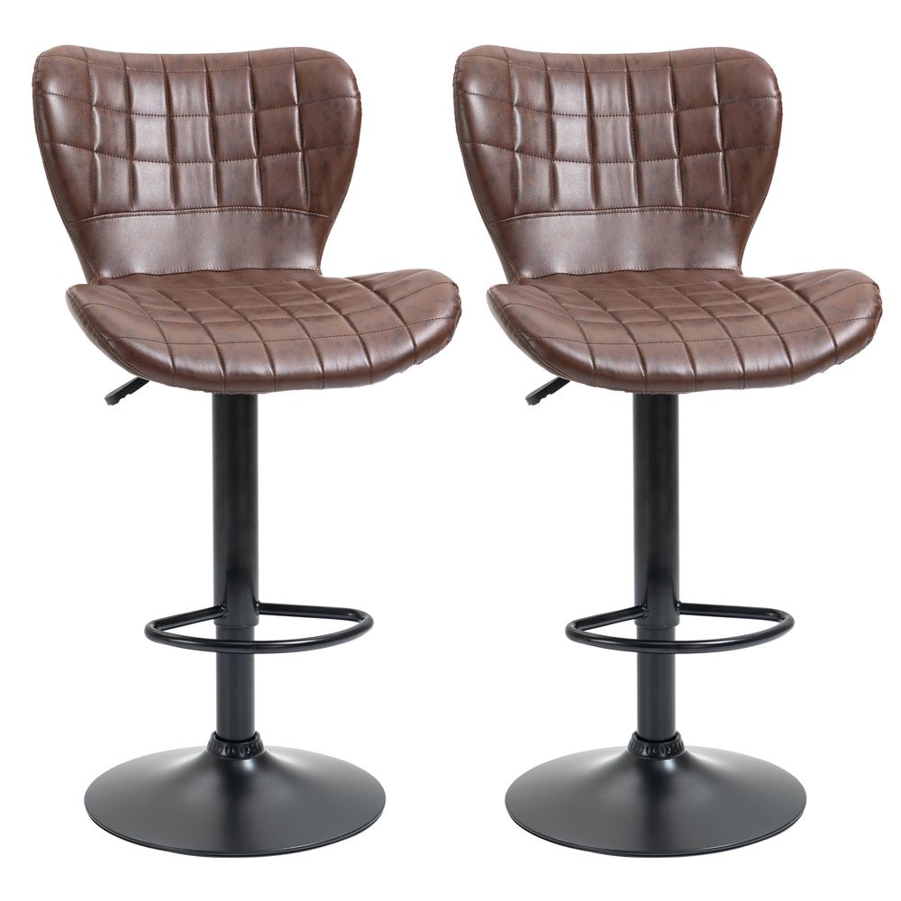 2 Brown PU Leather Swivel Bar Chairs - Adjustable Height, Backrest