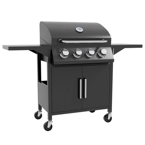 4 Burner Gas Grill Portable BBQ Trolley w/ 4 Wheels and Side Shelves