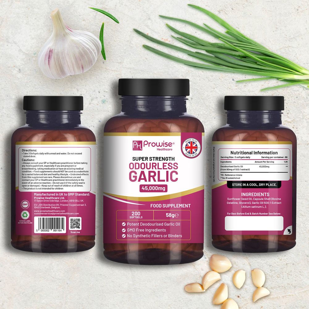 Odourless Garlic Capsules - 45,000mg per softgel - 200 softgels (not Tablets) Super High Strength - Cold Pressed and Deodourised Garlic Oil Extract from Allium Sativum