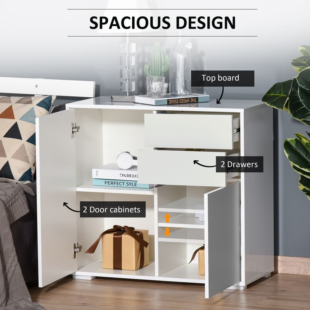 High Gloss Frame Sideboard, Side Cabinet, Push-Open Design with 2 Drawer for Living Room, Bedroom, White in White