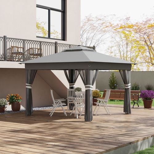 3x3(m) Pop Up Gazebo w/ Solar-Powered LED Lights Curtain Netting Grey