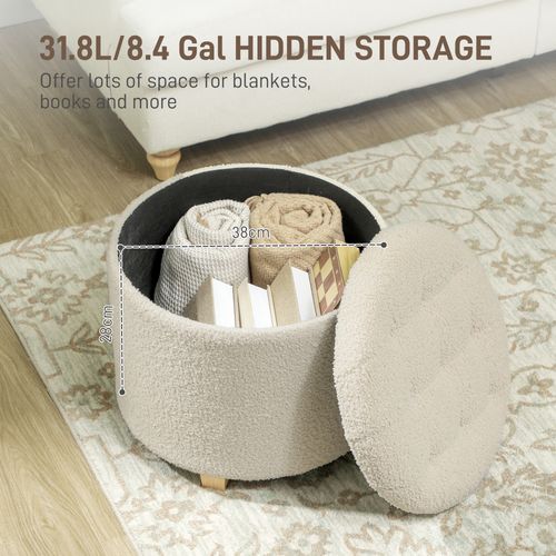 45cm Round Ottoman with Storage, Lid, Cashmere Footstool, Cream White