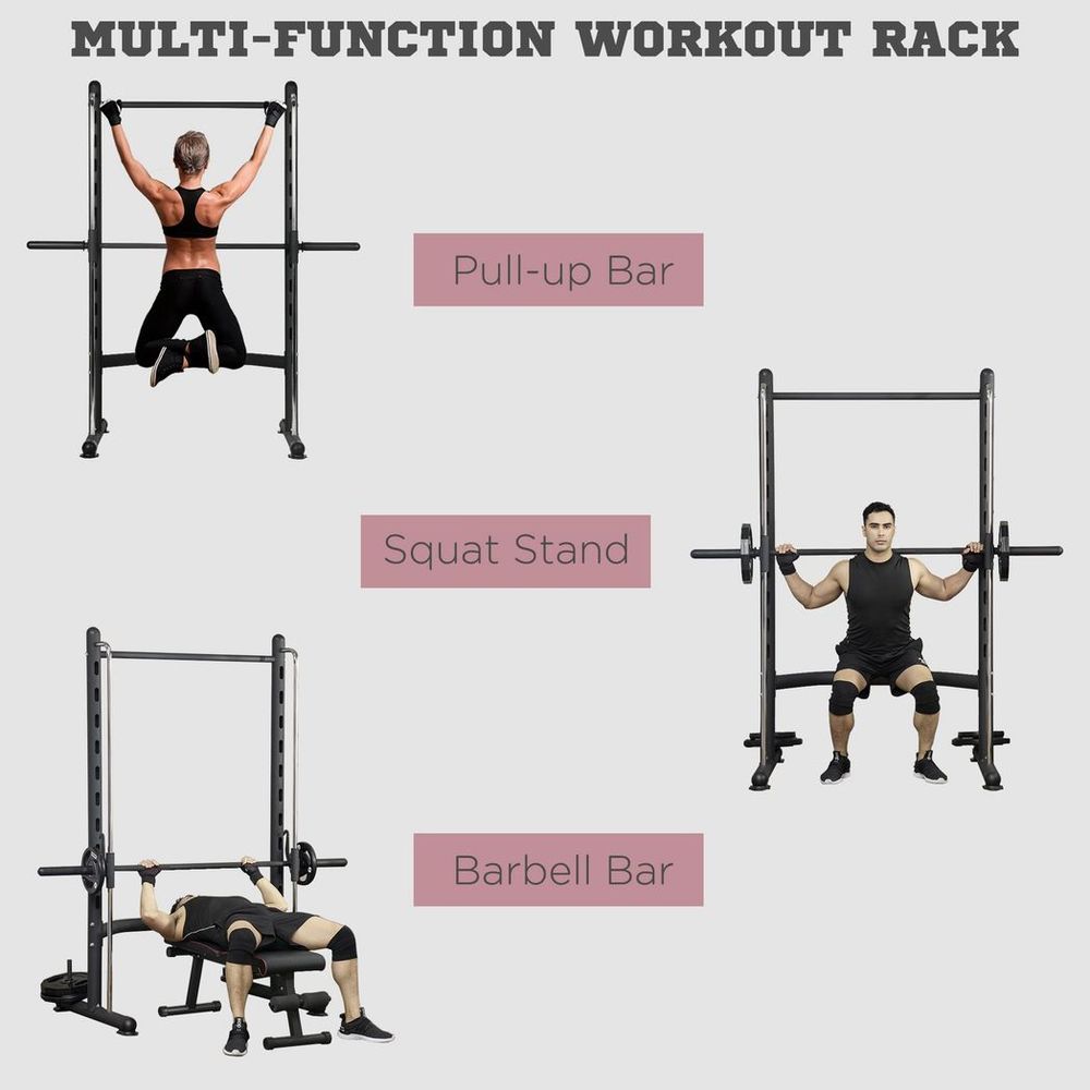 Adjustable Squat Rack with Pull Up Bar and Barbell Bar for Home Gym