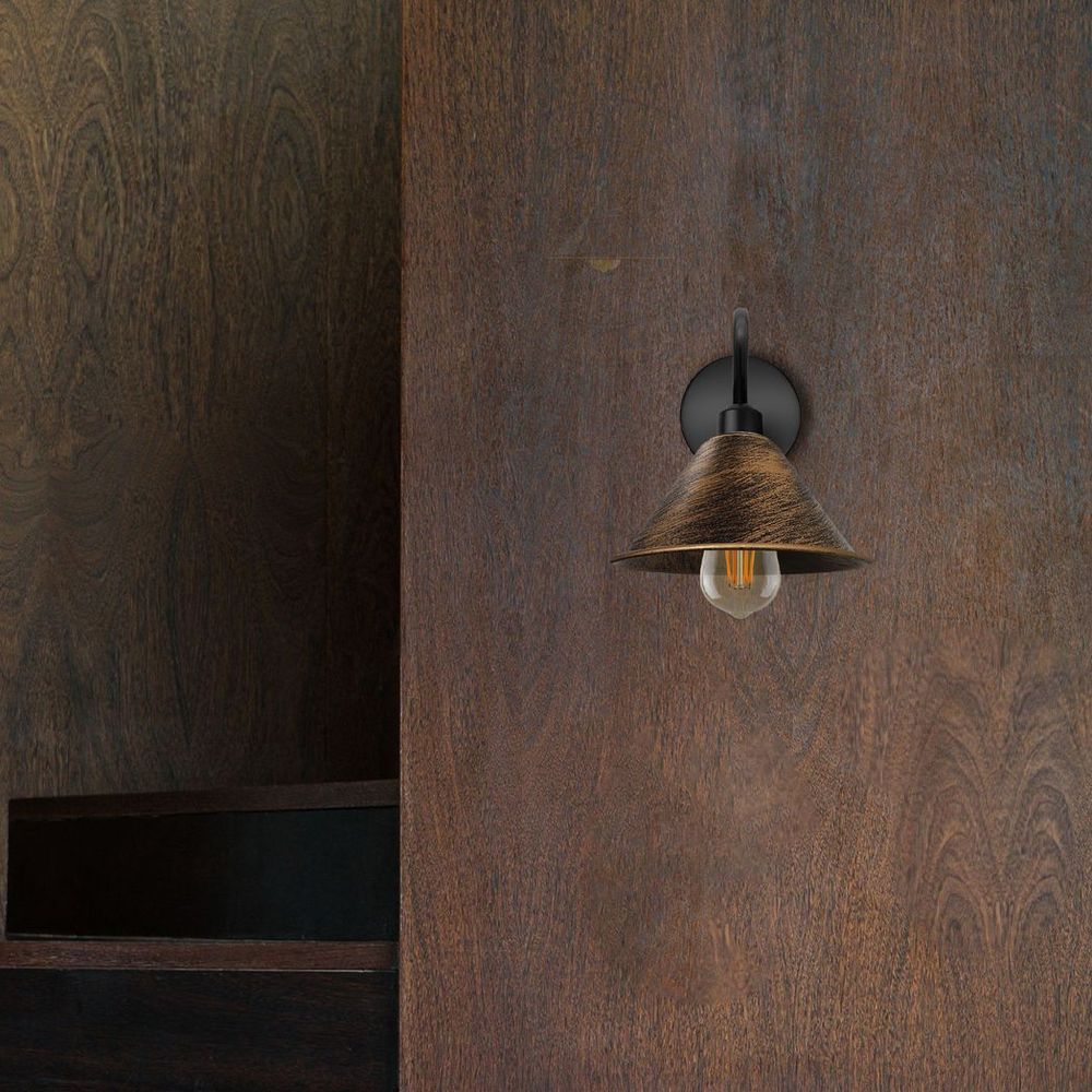 Vintage Brushed Copper Wall Light - Black Sconce - Cone Shade - Swan Neck - Quality Craft - Dimmable - E27 Base