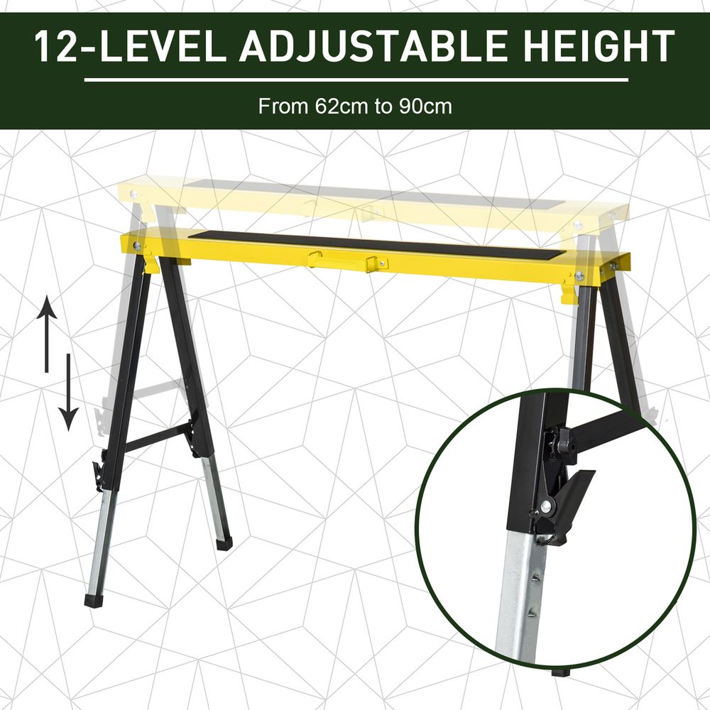 2PCS Saw Horse Twin Pack Folding Workbench Adjustable Metal Trestle Stands with Non-Slip EVA Surface for Sawing Work Max Load 100kg