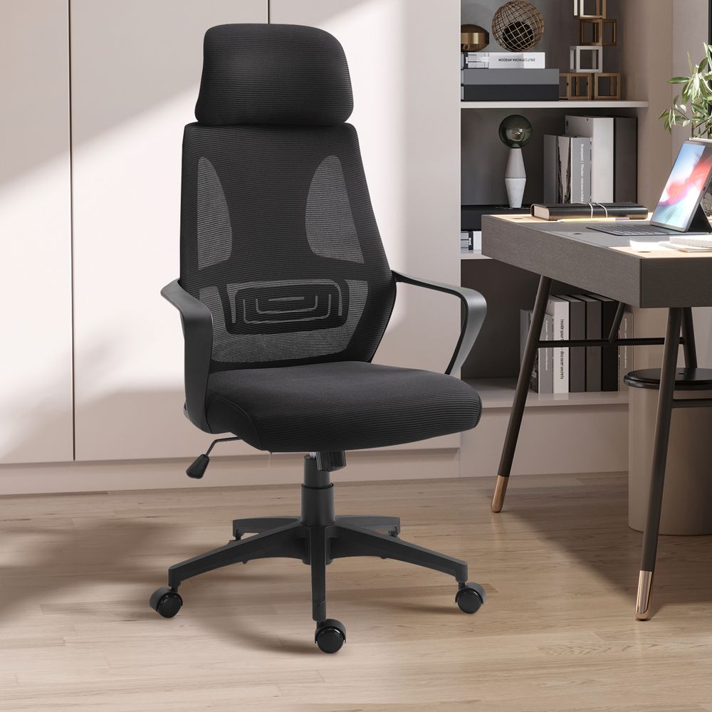 Mesh Back Office Chair - Adjustable Height & Padded Headrest - Comfortable - All Black