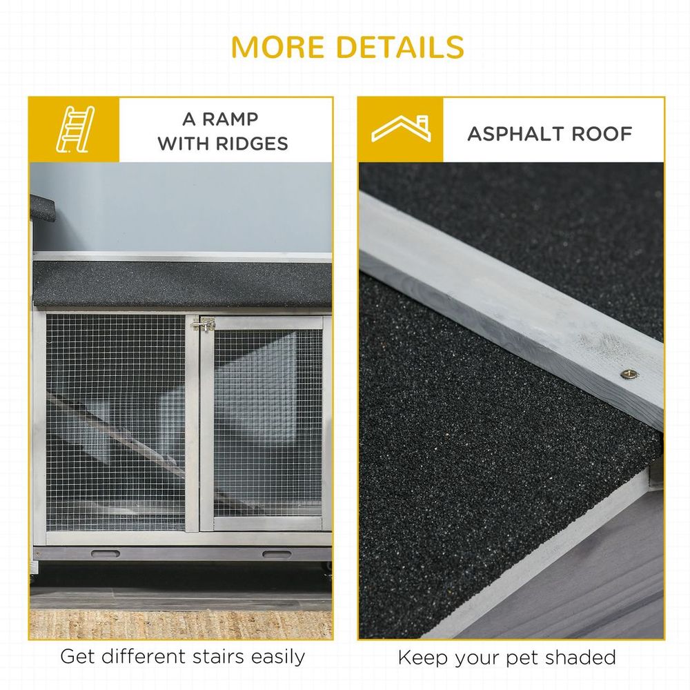 Wooden Rabbit Hutch & Guinea Cage - Slide-Out Tray, Ramp, Wheels, Easy Assembly - Light Grey