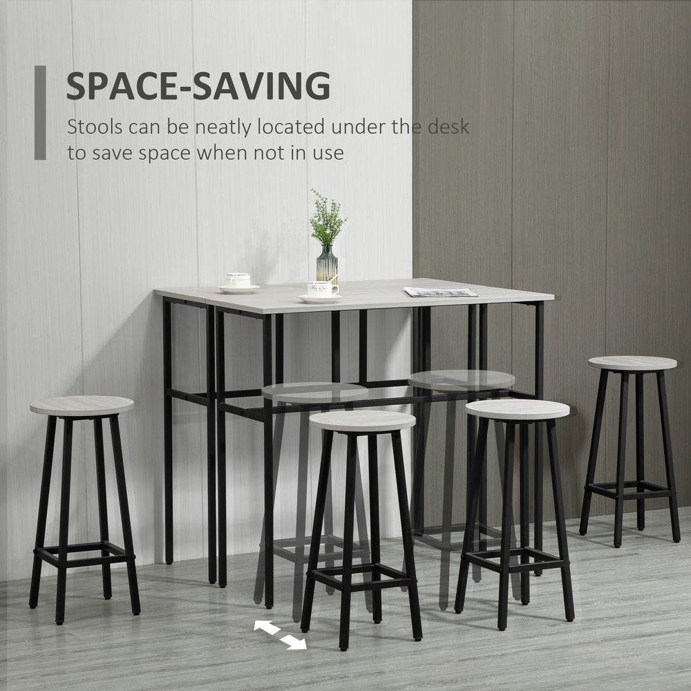 6Pc Bar Table Set: 2 Tables + 4 Stools, Stylish Grey
