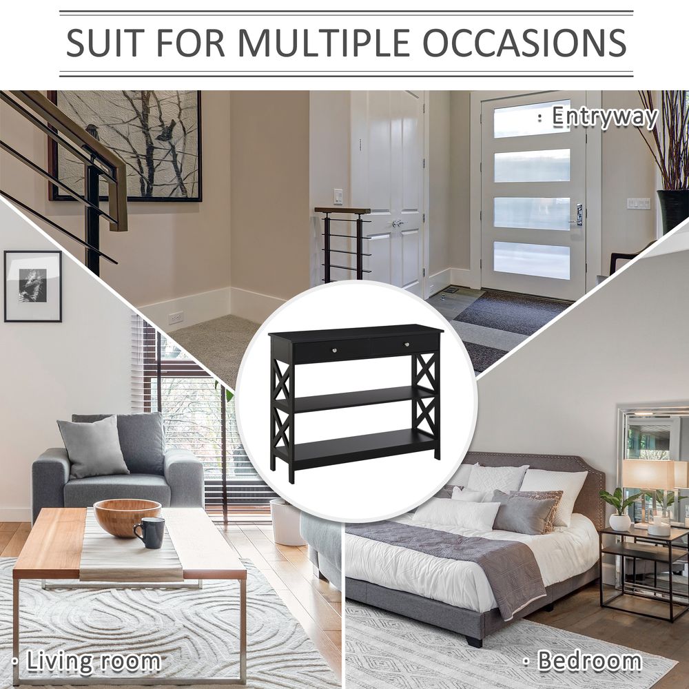 Console Table Side Desk w/Shelves Drawers Open Top X Support Frame Living Room Hallway Home Office Furniture Black