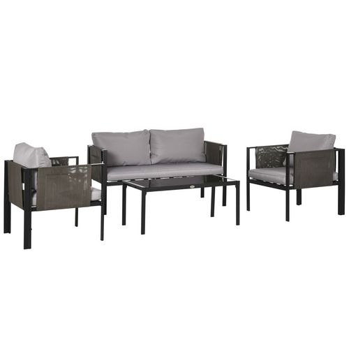 4 Piece Garden Sofa Set w/ Tempered Glass Coffee Table Padded Cushions