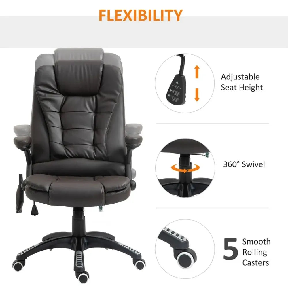 Comfort Executive Office Chair with Massage and Heat - PU Leather Recliner, Brown