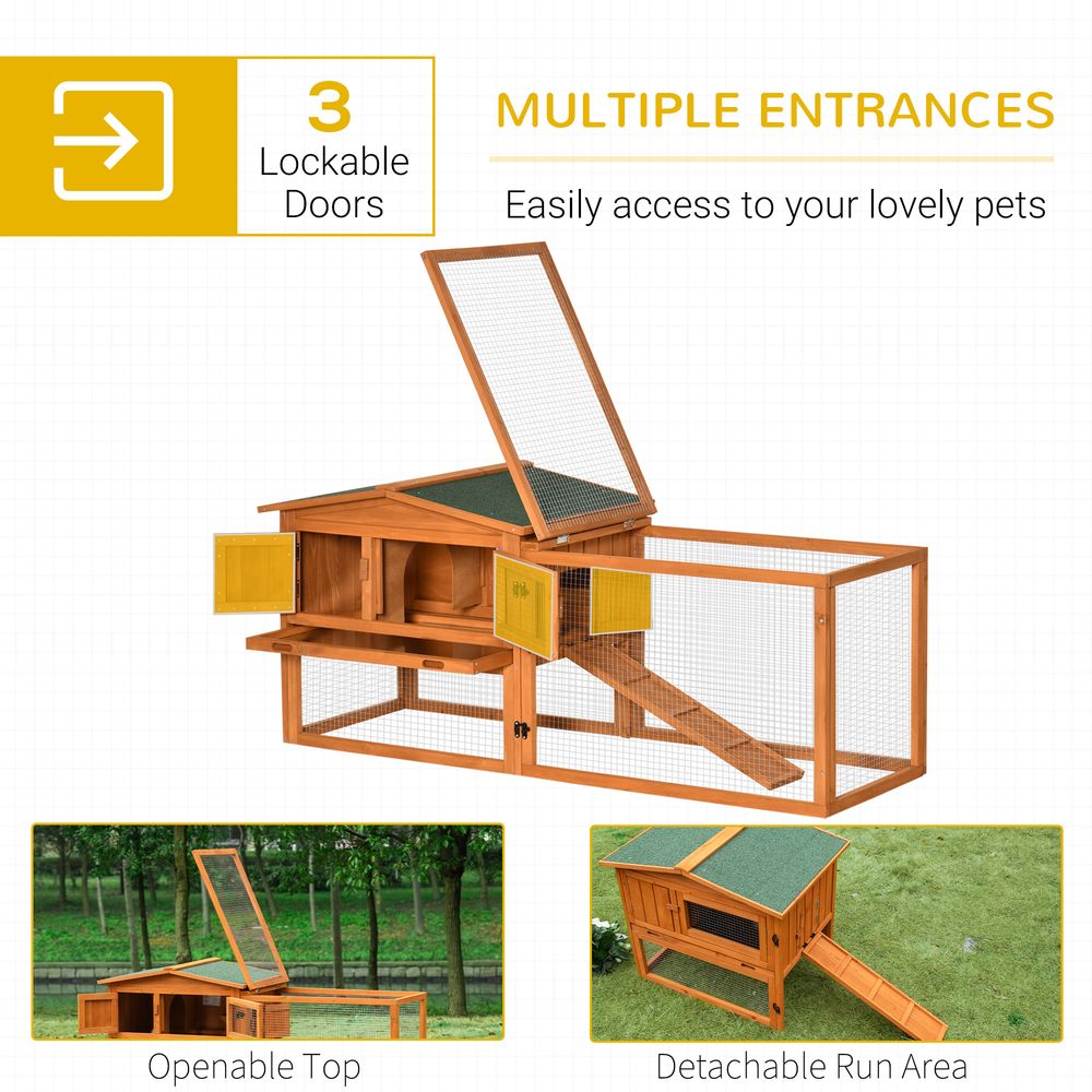 Rabbit Hutch with Run Wooden Guinea Hutch Outdoor Bunny Cage Hide House with Sliding Tray, Hay Rack, Ramp, 156 x 58 x 68cm, Orange