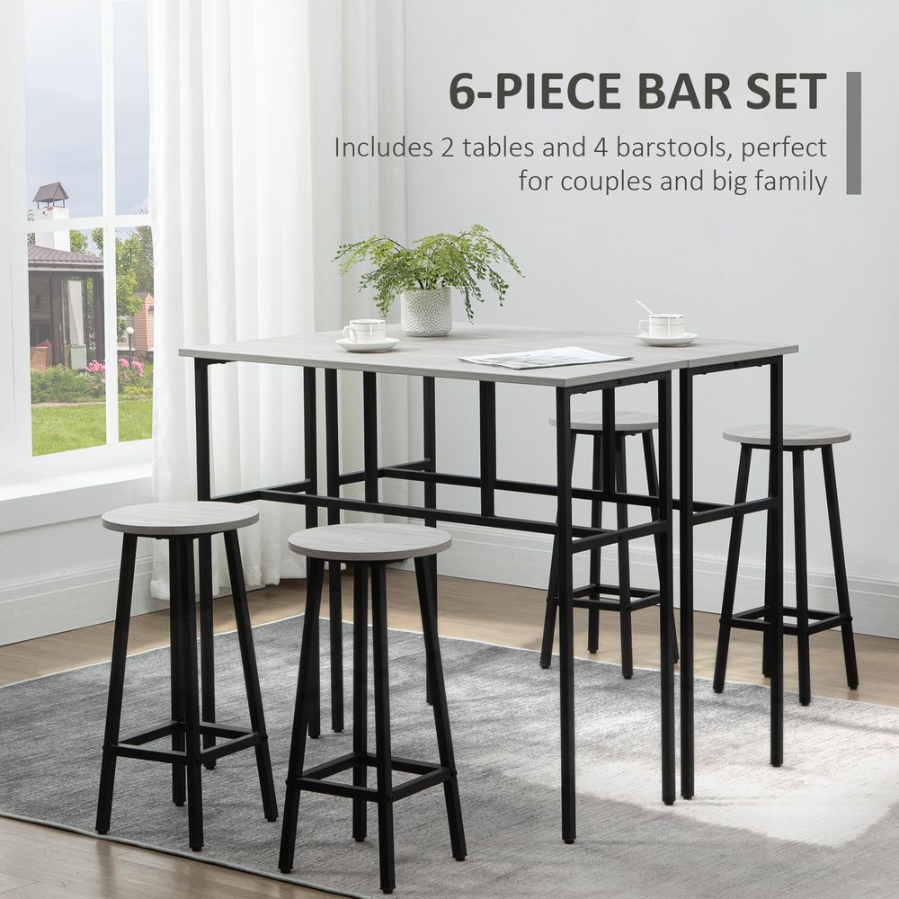 6Pc Bar Table Set: 2 Tables + 4 Stools, Stylish Grey