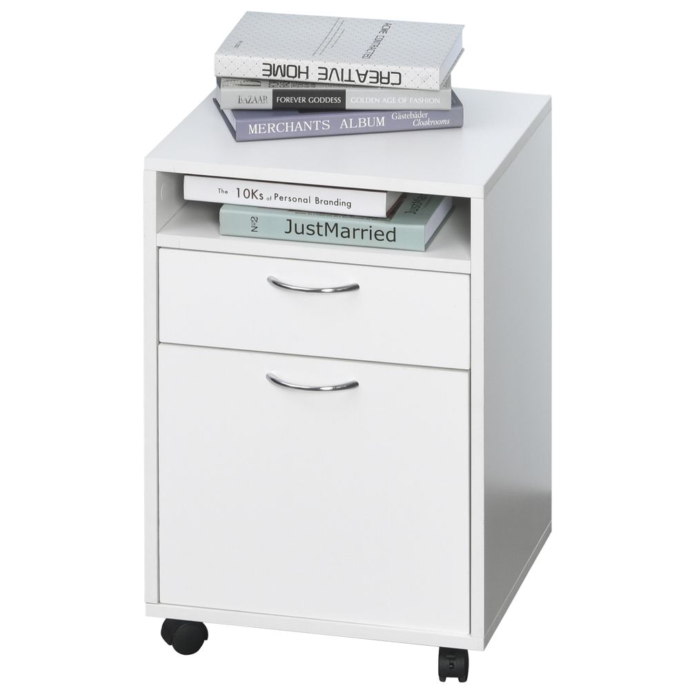 60cm Storage Cabinet w/Drawer Open Shelf Metal Handles 4 Wheels Office Home Organiser Mobile Printer White