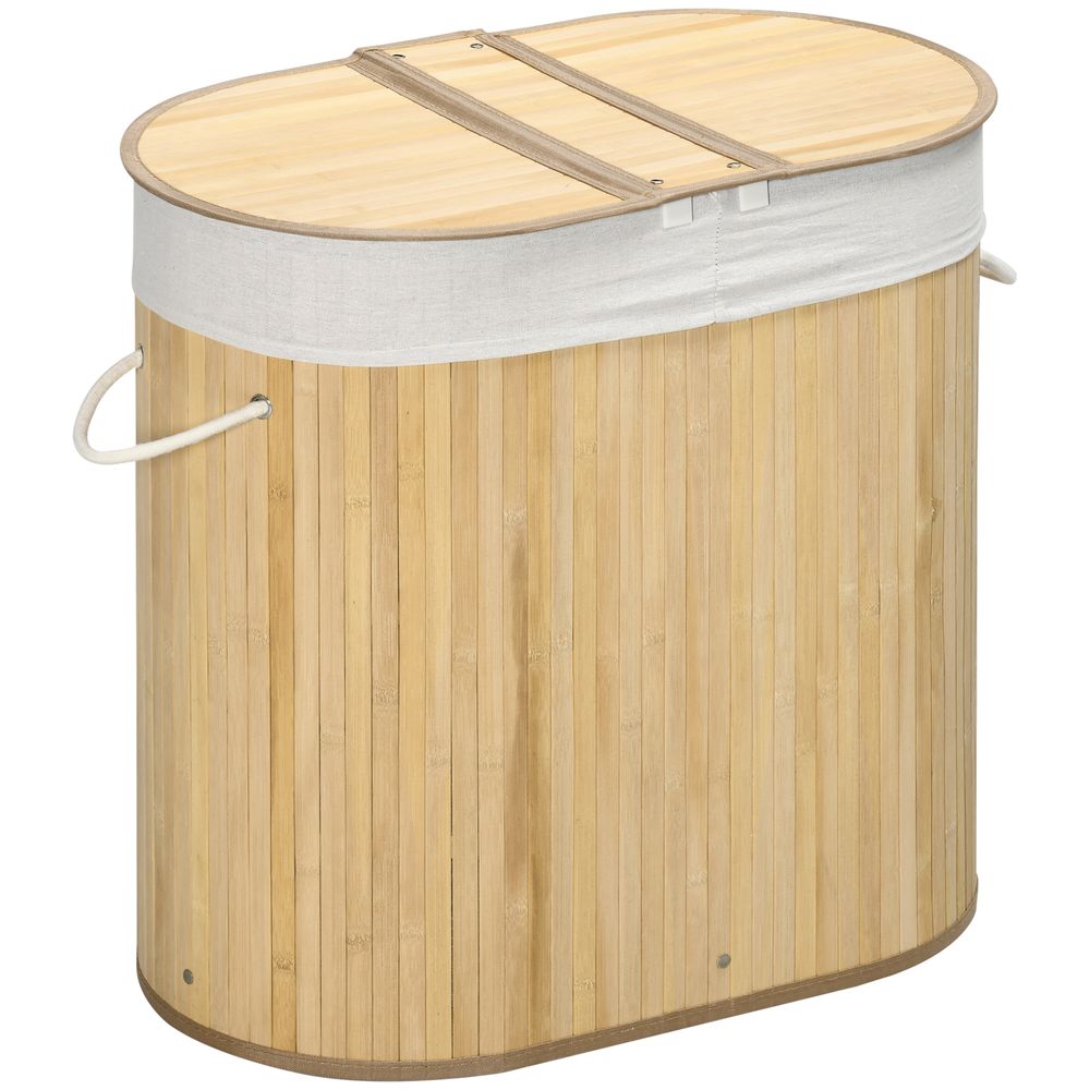 Bamboo Laundry Basket with Lid, 100 Litres Laundry Hamper with 2 Sections, Removable Washable Lining, Washing Baskets, 62.5 x 37 x 60.5cm, Natural