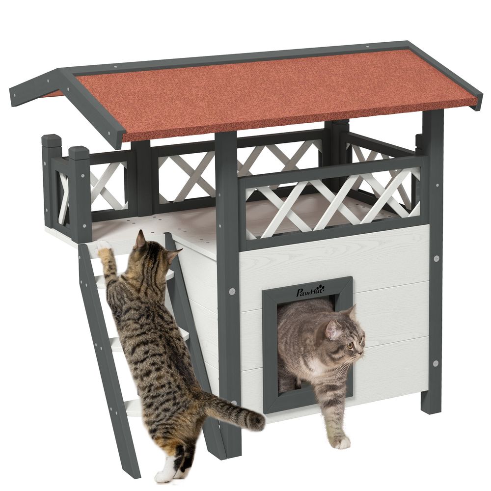 Outdoor Cat House w/ Stairs, Roof, & Balcony, White