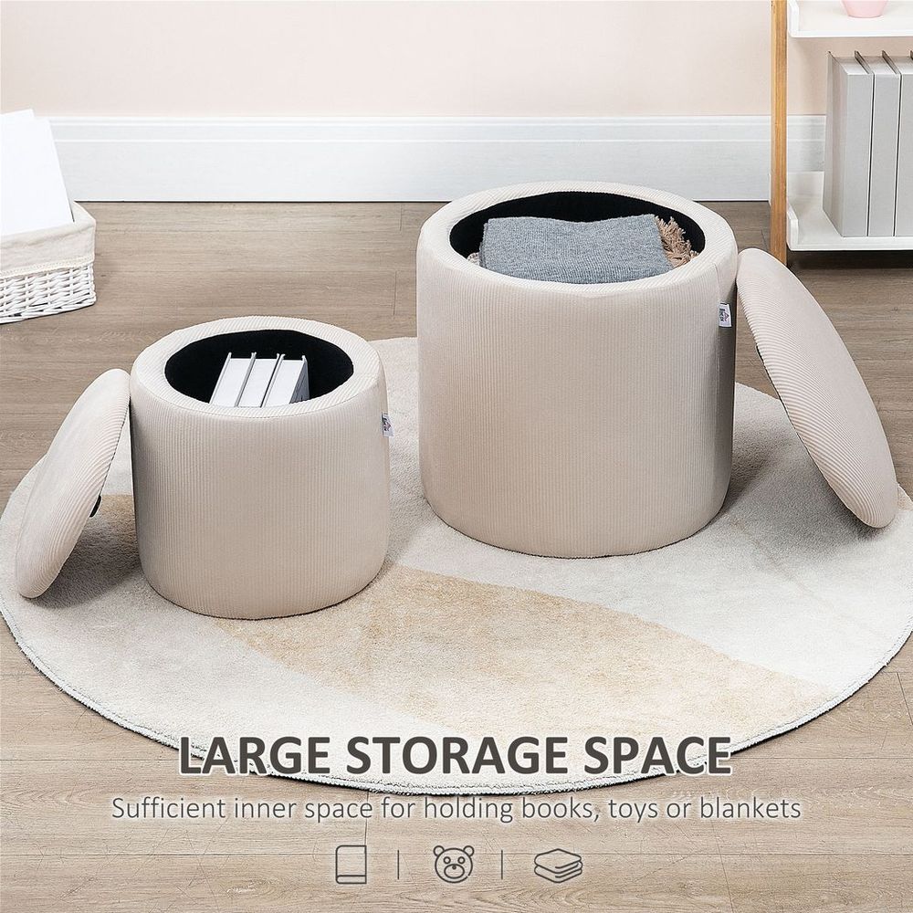 Corduroy Storage Ottomans, Set of 2, Removable Lid, Cream White