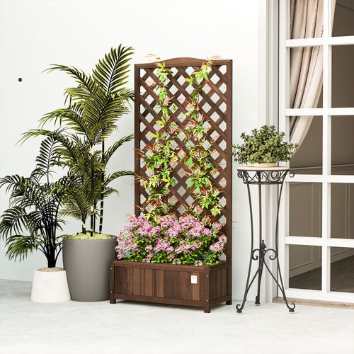 Garden Wooden Planter Box with Trellis Flower Raised Bed Dark Brown