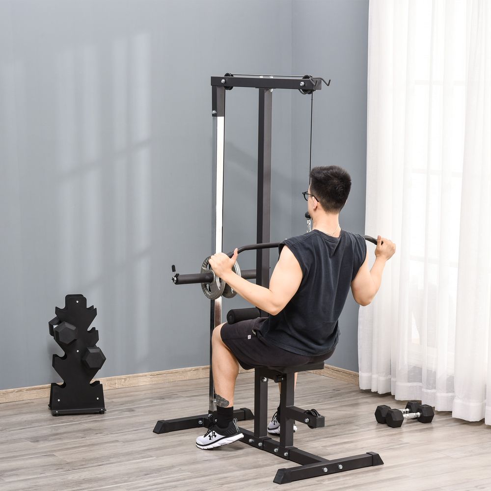 Lat Pull Down Machine with Extra Pulley for Seated Rows, Cable Pulley System with Adjustable Seat for Home Gym