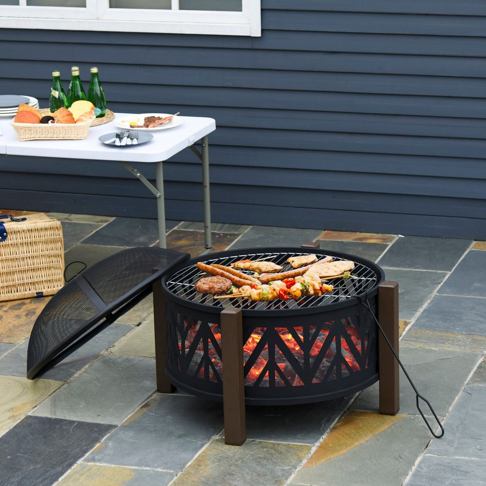 30" Outdoor Fire Pit Bowl with BBQ Grill Grate & Spark Screen Cover - Steel Construction