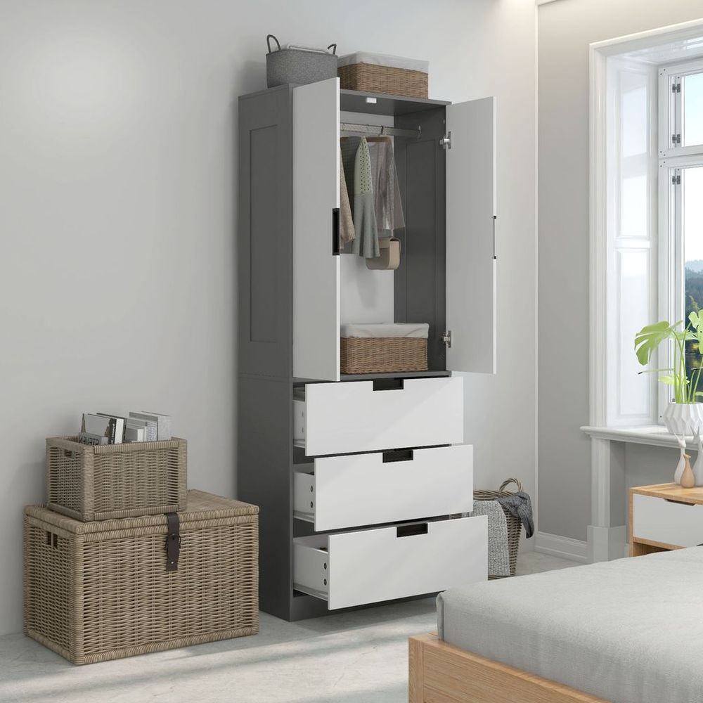 Grey 2 Door Wardrobe - 3 Drawer - Hanging Rod - Bedroom Storage