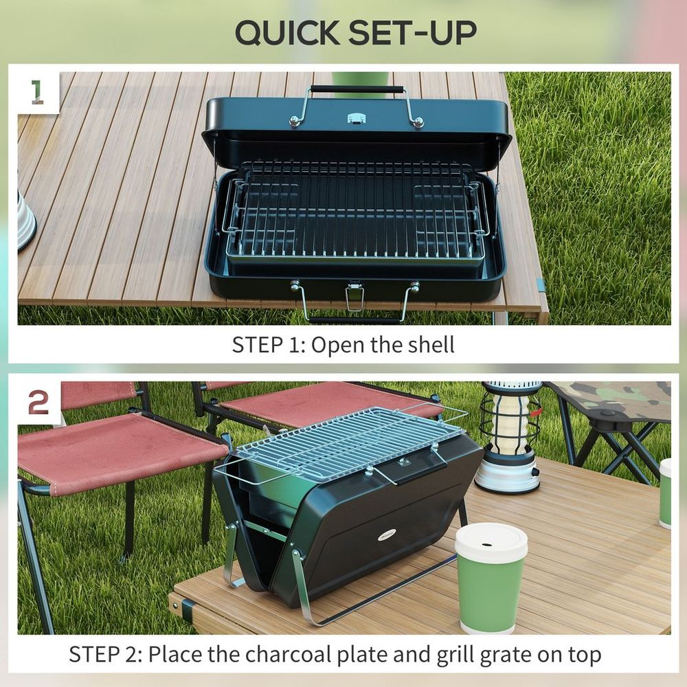 Portable BBQ Grill - Compact Suitcase Design for Camping & Picnic, Black