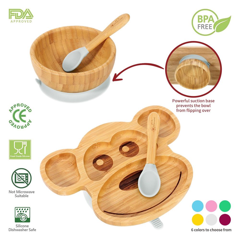 Bamboo Monkey Plate Set - 4-Sectioned Plate, Bowl, & Spoon - Non-slip Base - Food-Grade Silicone - Easy to Clean