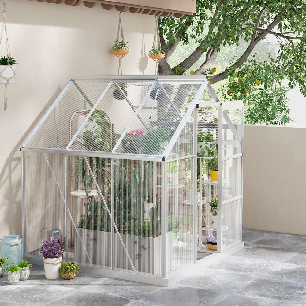 6 x 6ft Walk-In Polycarbonate Greenhouse with Foundation Window Silver