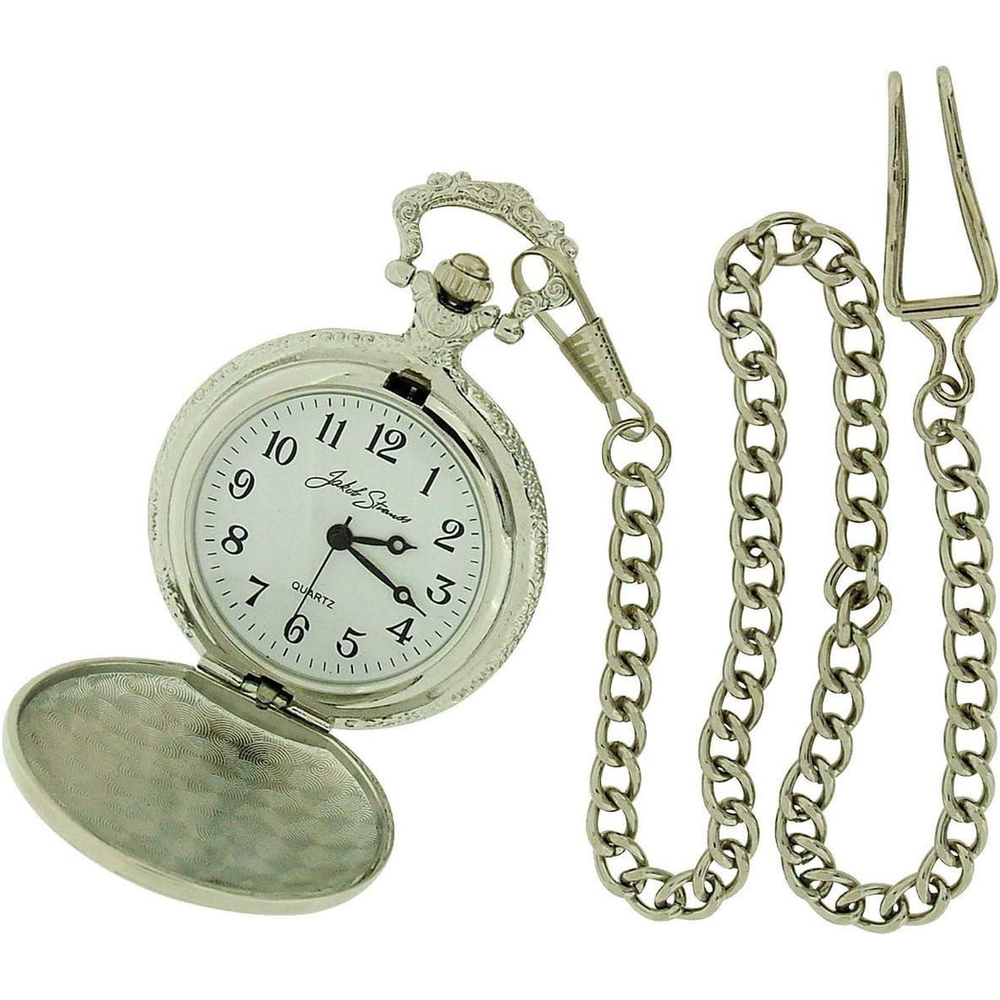 Jakob Strauss Classic Silver Tone & 12 Inch Brass Chain Pocket Watch - NEEDS RE-BATTERY