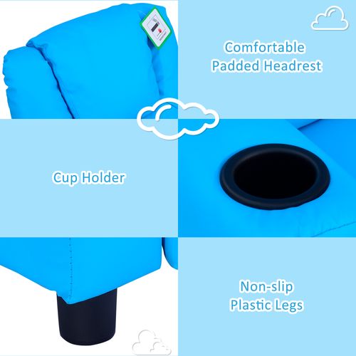Kids Recliner, PU Leather Kids Armchair, Kids Chair, Toddler Armchair with Adjustable Backrest, Footrest, Padded Headrest, Cup Holder, Blue