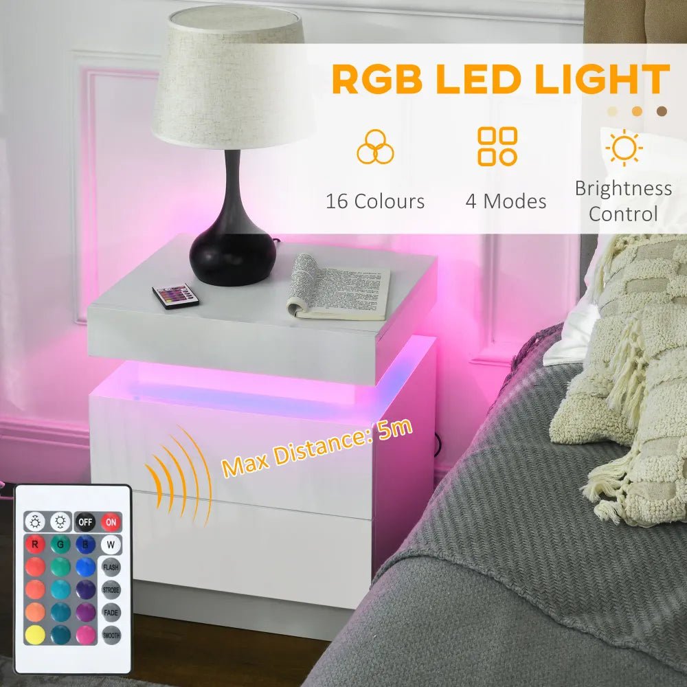 White Bedside Table, High Gloss Front Nightstand w/ LED Light, 2 Drawers