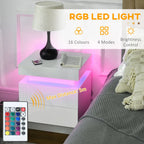 White Bedside Table, High Gloss Front Nightstand w/ LED Light, 2 Drawers