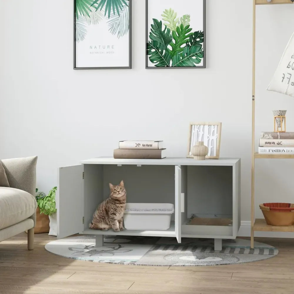 Stylish Grey Cat Box Furniture w/ Scratch, Magnetic Doors - Multipurpose Kitty Enclosure, Easy to Clean - !