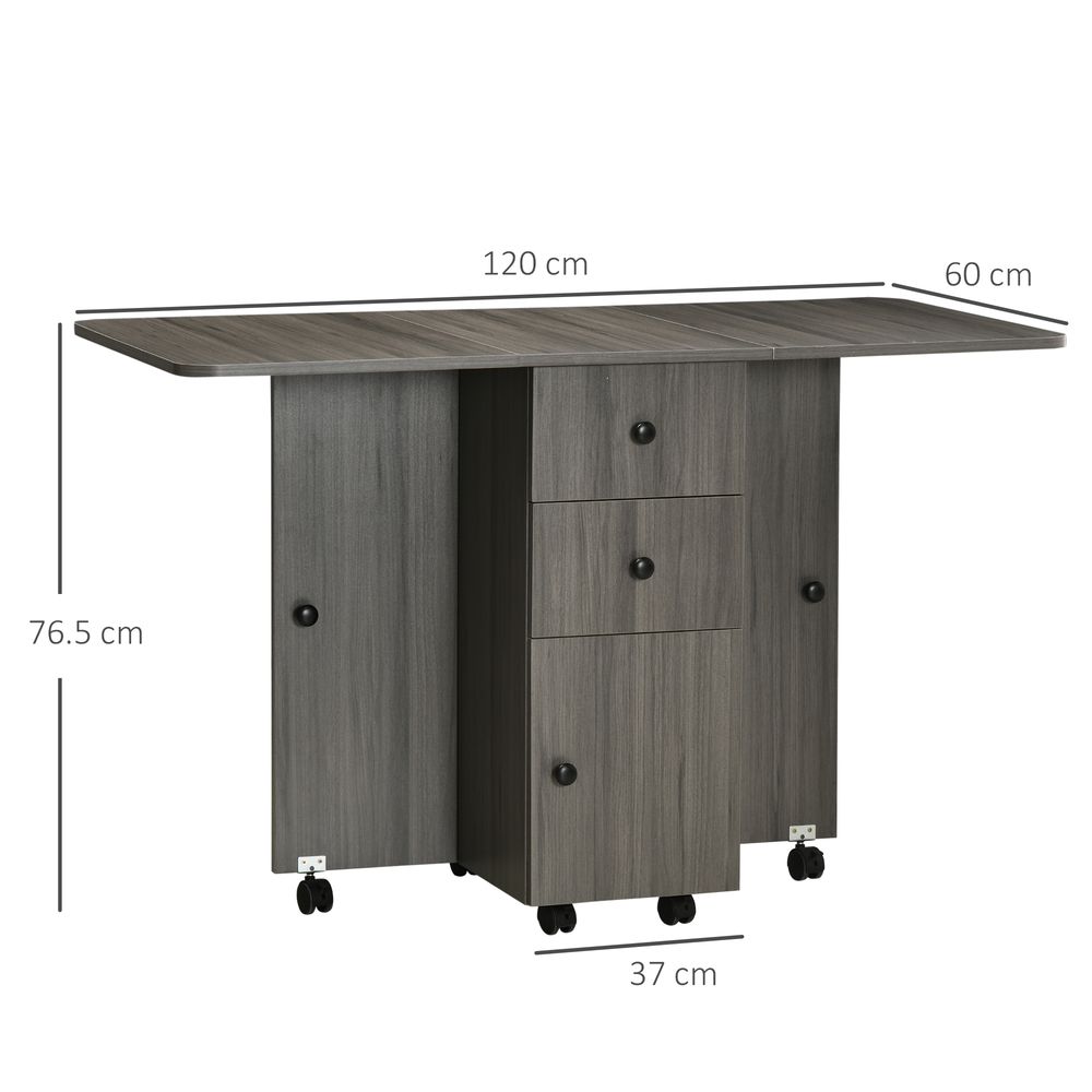Folding Dining Table, Drop Leaf, Grey - Quality Expandable Space Saver with Storage Drawers