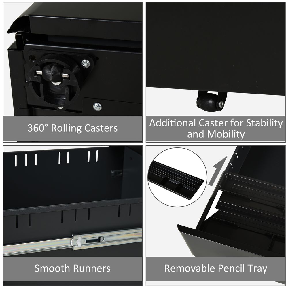 3 Draw Metal Filing Cabinet Lockable 4 Wheel Compact Under Desk Black