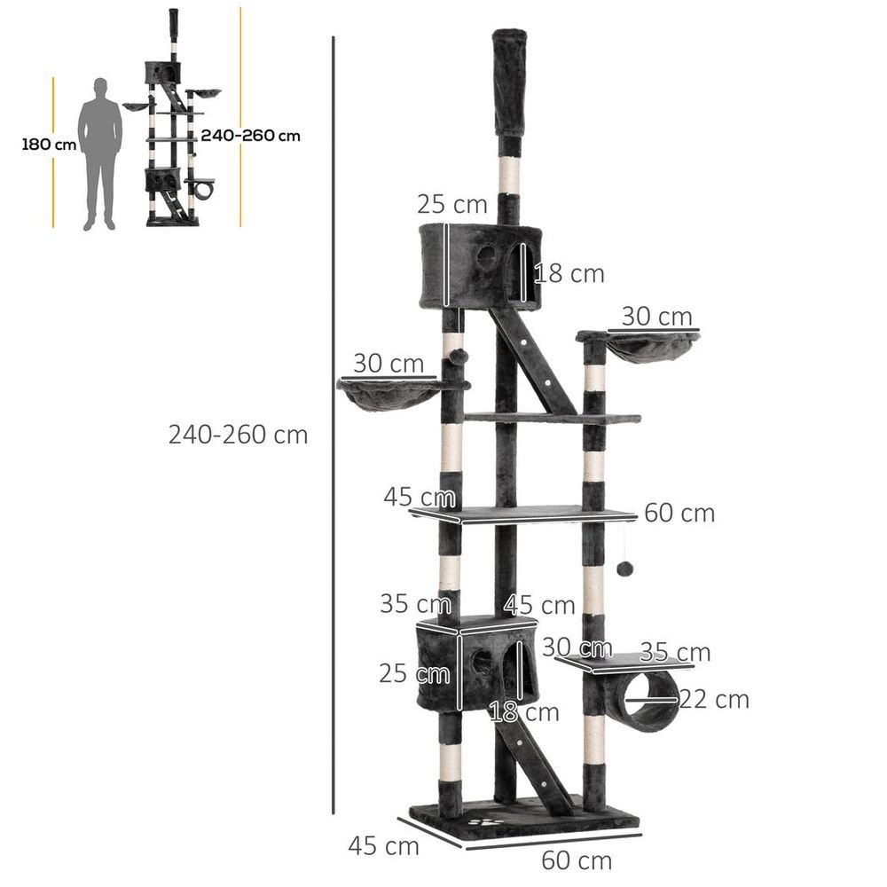 Dark Grey Cat Tree with Scratching Posts - Adjustable 240-260cm Height