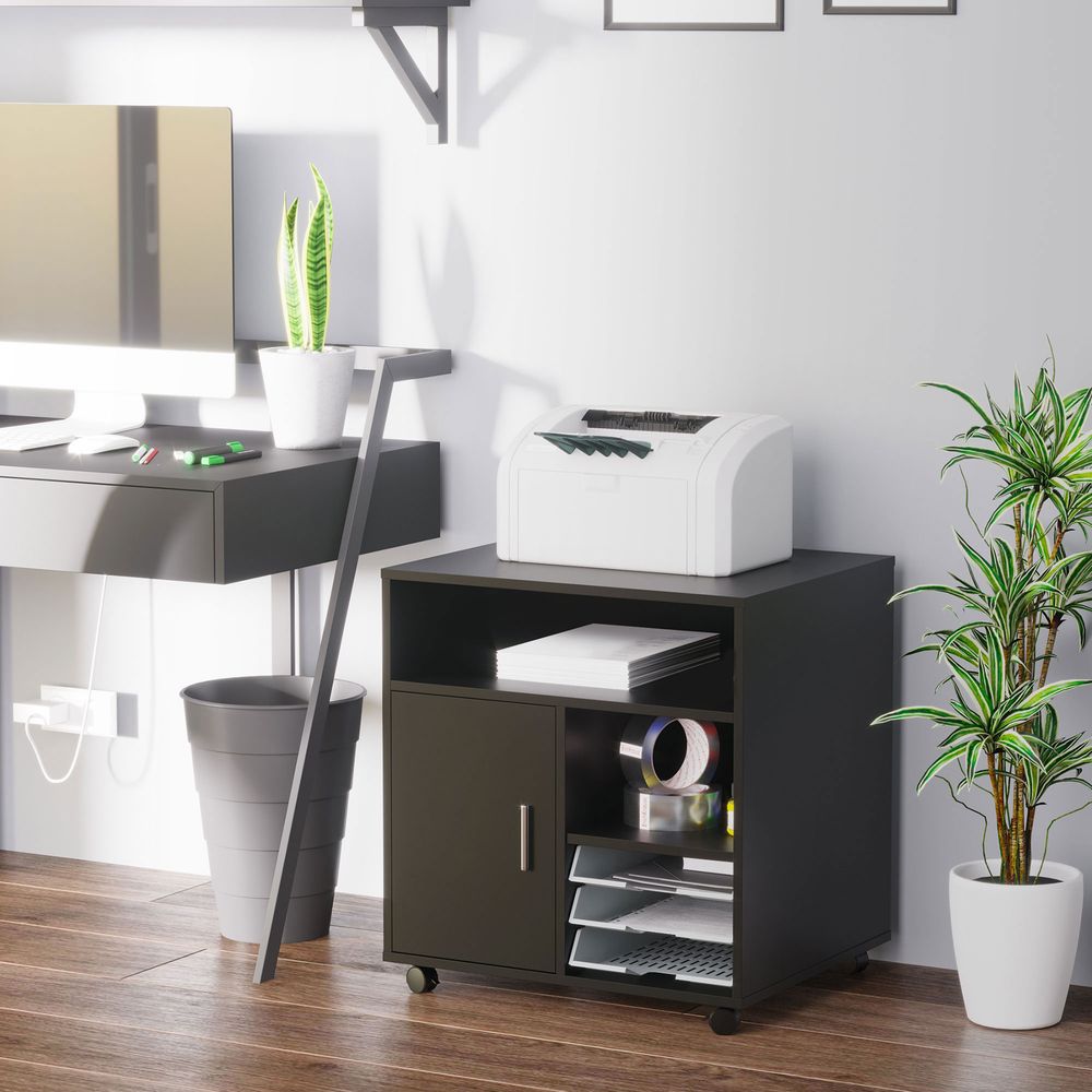 Multi-Storage Printer Stand Unit Office Desk Side Mobile Storage w/Wheels Modern Style 60L x 50W x 65.5H cm - Black