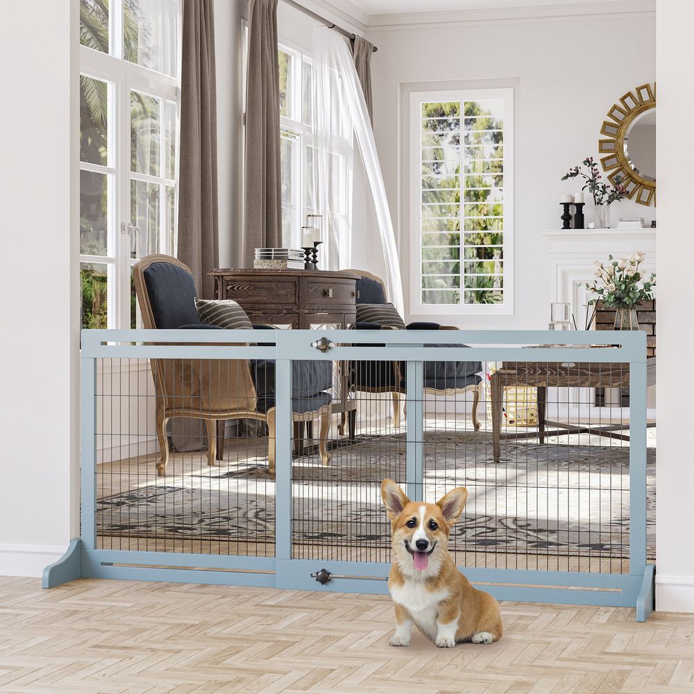 Adjustable Wooden Pet Gate Freestanding Dog Barrier for Doorway, Grey