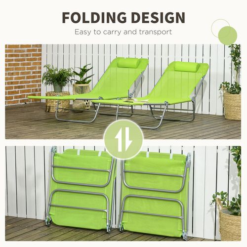 2 Piece Folding Sun Loungers with Adjustable Backrest, Pillow, Green