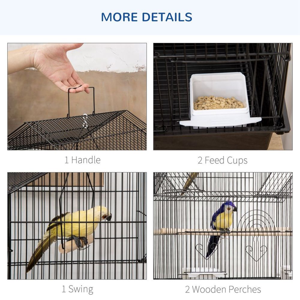 Metal Bird Cage w/ Plastic Perch & Food Container - 50.5x40x63cm - Black