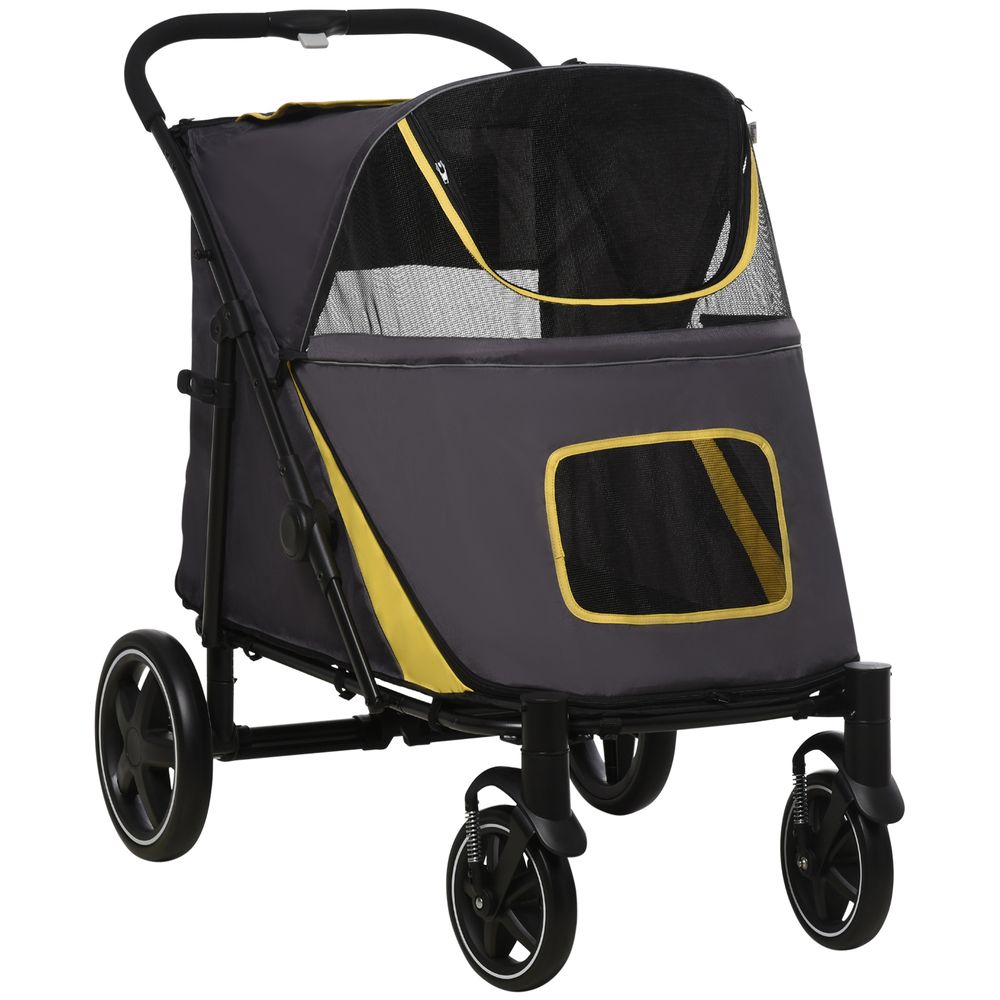 Foldable Dog Carriage w/ Universal Wheels, Shock Absorber - Grey