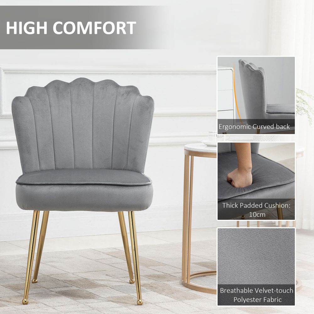 Velvet-Feel Shell Luxe Accent Chair, Glam Vanity Chair Makeup Seat, Home Bedroom Lounge with Metal Legs Comfort Padding, Grey