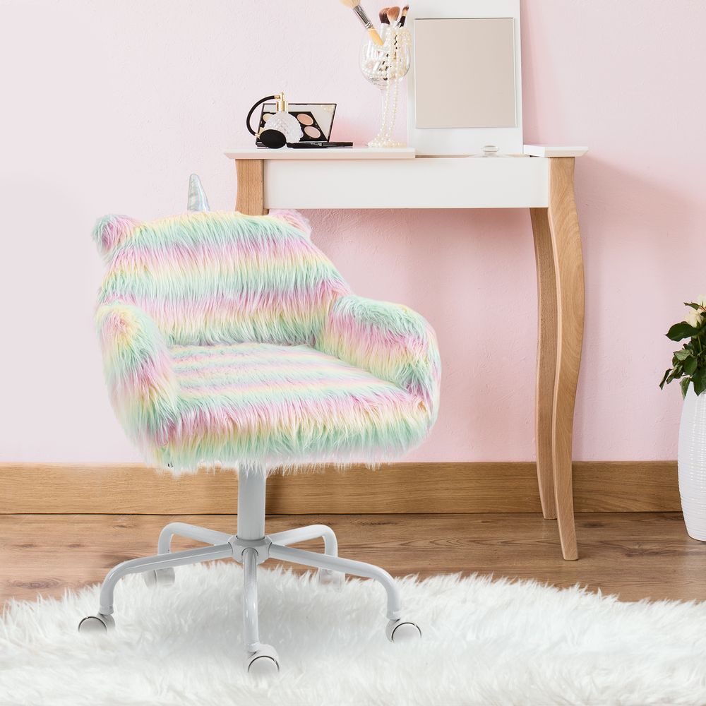 Faux Fur Unicorn Desk Chair Fluffy Home Office Chair with Armrests