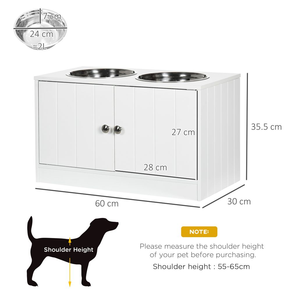 Raised Dog Bowls for Large Dogs Pet Feeding Station w/Stand, Storage, Two Stainless Steel Bowls - White