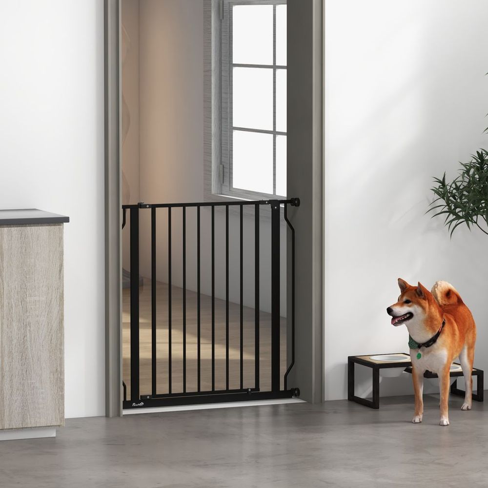 Dog Gate: Wide Stair Gate w/ Door, Pressure Fit, Black, Easy Setup - Keeps Pets Safe & Secure