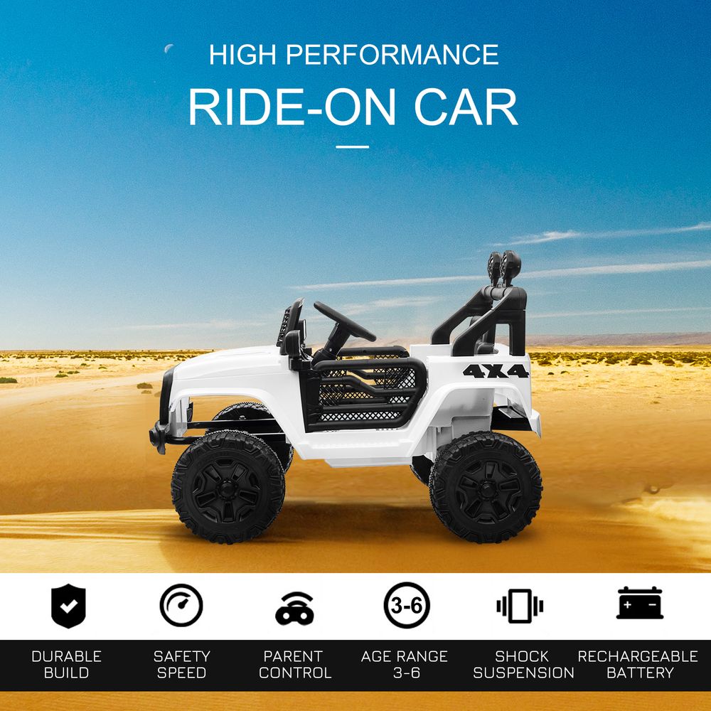 Kids Electric Ride On Car 12V Off Road Toy with Parental Remote Control 2 Motors Horn Lights Suspension Wheels for 3-6 Years Old White