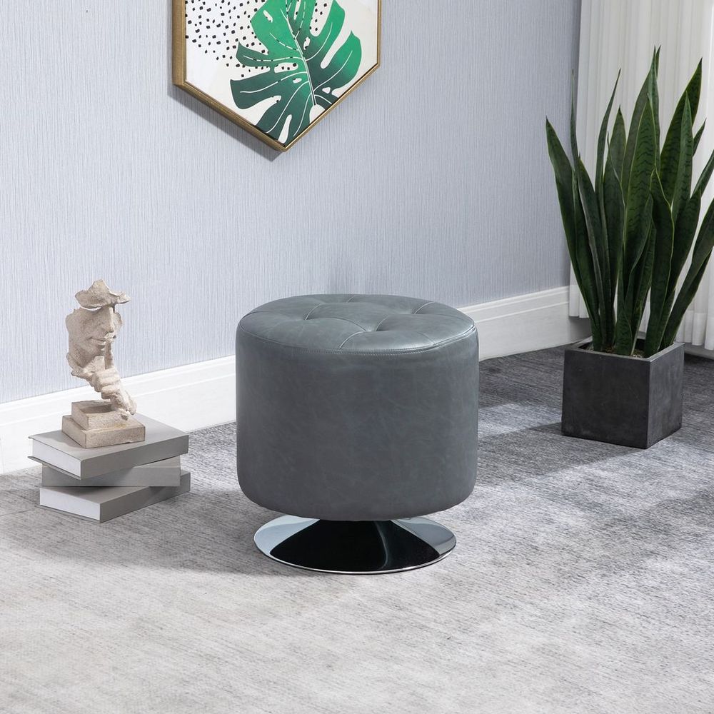 360 Swivel Foot Stool Ottoman, Grey - Thick Padding, Steel Base - PU Leather