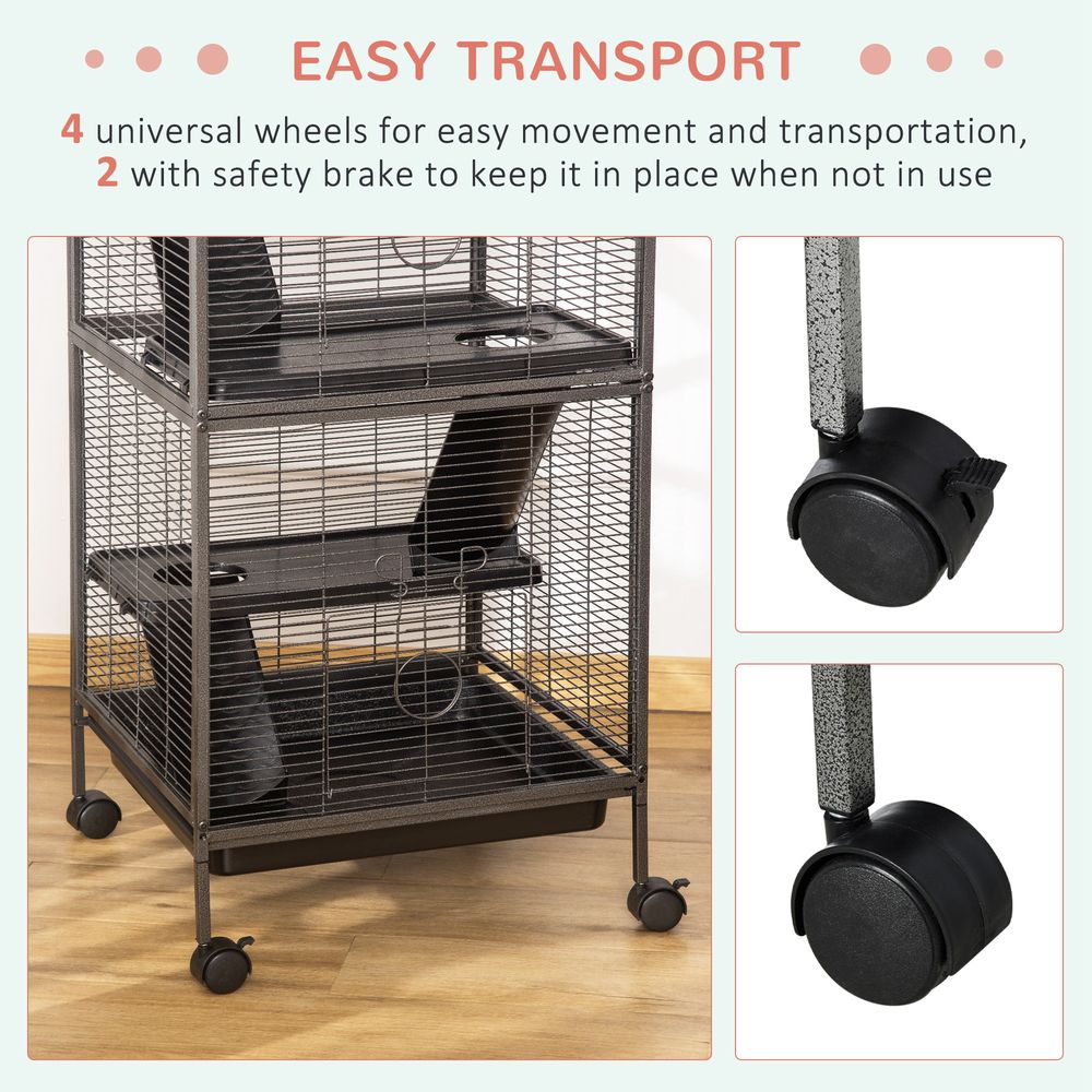 Small Animal Cage with Wheels Pet Home for Chinchillas Ferrets Kittens, with Hammock, 4 Platforms, Removable Tray, Grey
