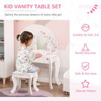Kids Vanity Table & Stool Girls Dressing Set Make Up Desk Chair Dresser Play Set with Rotatable Mirrors Drawer Star & Heart Pattern White E